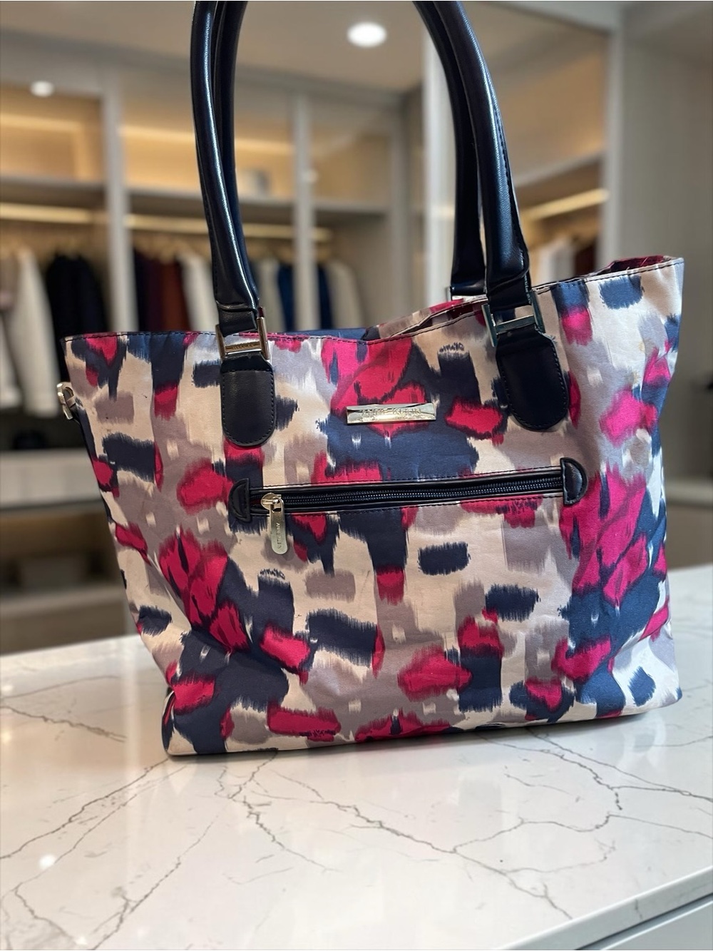 Anne Klein Tote Bag Abstract Print Multicolor Zip Top Shoulder Handbag